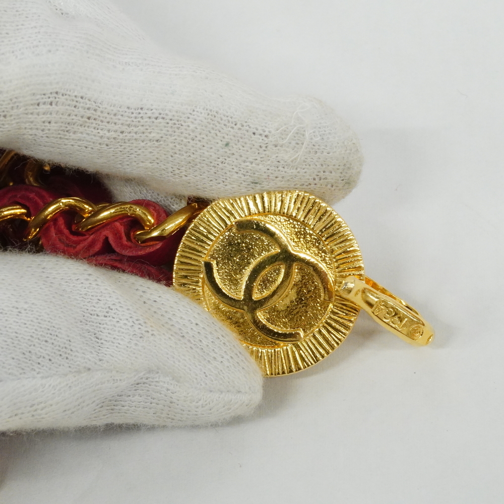 Auth Gold Hardware Women's Leather Chain Belt Red Color - Picture 4 of 5